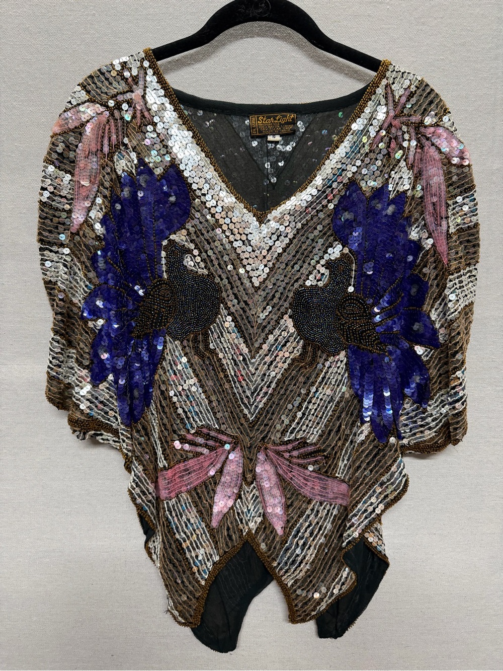 Vintage Star Light Sequin/Beaded Silk V-Neck Top - size S